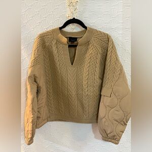 Lumiere Camel Cable-Knit V-Neck Sweater with Quilted Balloon Sleeves